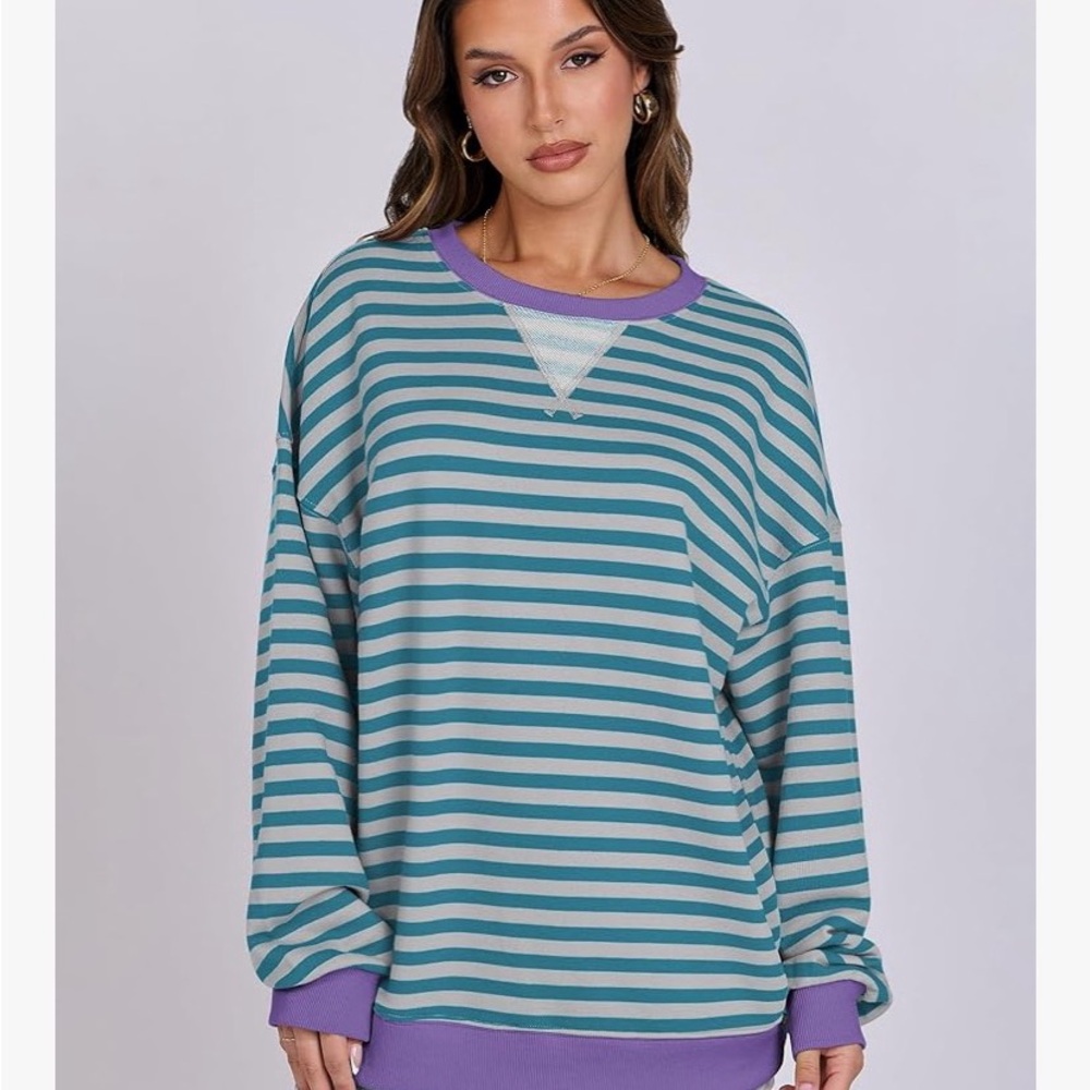 NWT Anrabess Striped Teal and Purple Oversized Crew Neck Top. Size Medium